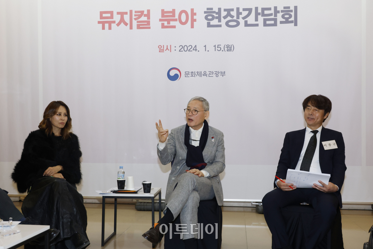 ▲유인촌 문화체육관광부 장관이 15일 서울 동대문구 경희대 평화의전당에서 열린 뮤지컬 분야 현장간담회에서 모두발언을 하고 있다. 조현호 기자 hyunho@