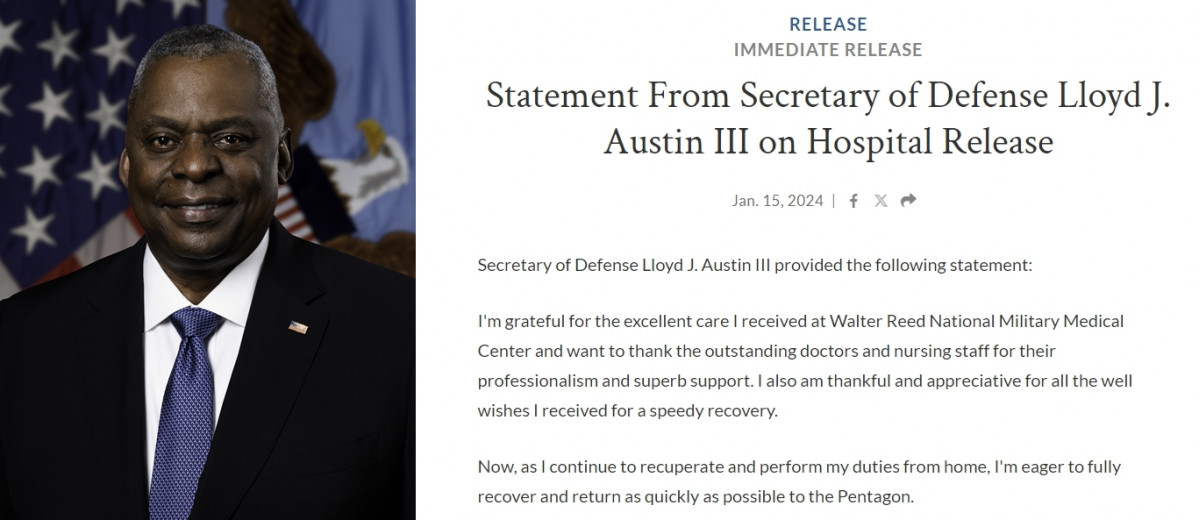 ▲전립선암 수술을 받았던 로이드 오스틴 미국 국방부 장관이 퇴원했다. 당분간 집에서 회복하며 원격근무를 하게된다고 미국 국방부가 공식자료를 통해 밝혔다. 출처 미국 국방부 웹사이트 캡처