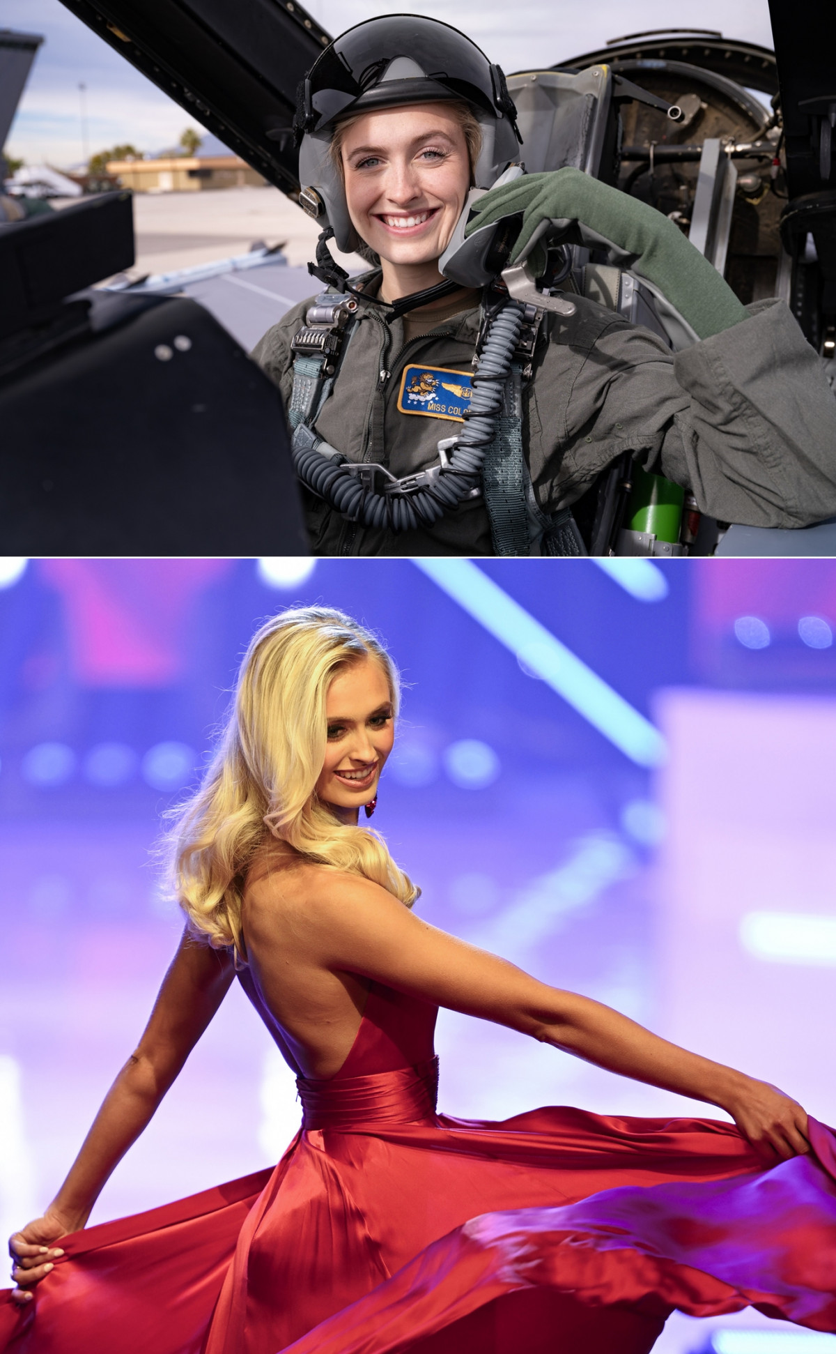 ▲미국 공군 소위 매디슨 마시(22)가 14일(현지시간) 플로리다주 올랜도에서 열린 미스 아메리카 대회에서 우승했다. 사진 위는 F-16 조종석에 앉아있는 마시. 아래는 미스 아메리카 대회에 참가한 모습이다. 출처 미국 공군 X(옛 트위터)·올랜도(미국)/UPI연합뉴스