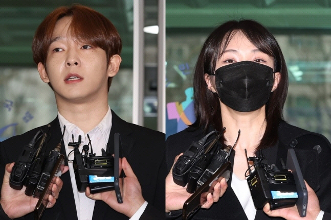 ▲가수 남태현(좌측)과 서은우가 18일 서울 마포구 서울서부지법에서 열린 1심 선고공판에 출석해 집행유예를 선고받은 뒤 취재진 질문에 답하고 있다. 연합뉴스
