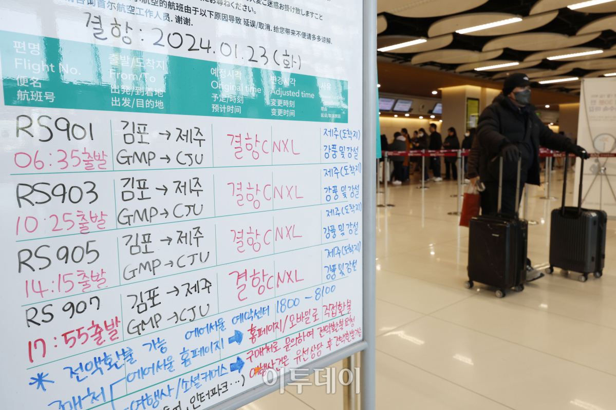 ▲23일 서울 강서구 김포국제공항 국내선 청사에 전국적인 대설과 한파 영향으로 인한 항공기 결항·지연 안내문이 세워져 있다. 중앙안전대책본부(중대본)에 따르면 이날 오전 11시 기준 제주 76편, 김포 24편, 대구 8편, 김해 5편 등 총 122편의 항공기가 결항됐다. 조현호 기자 hyunho@