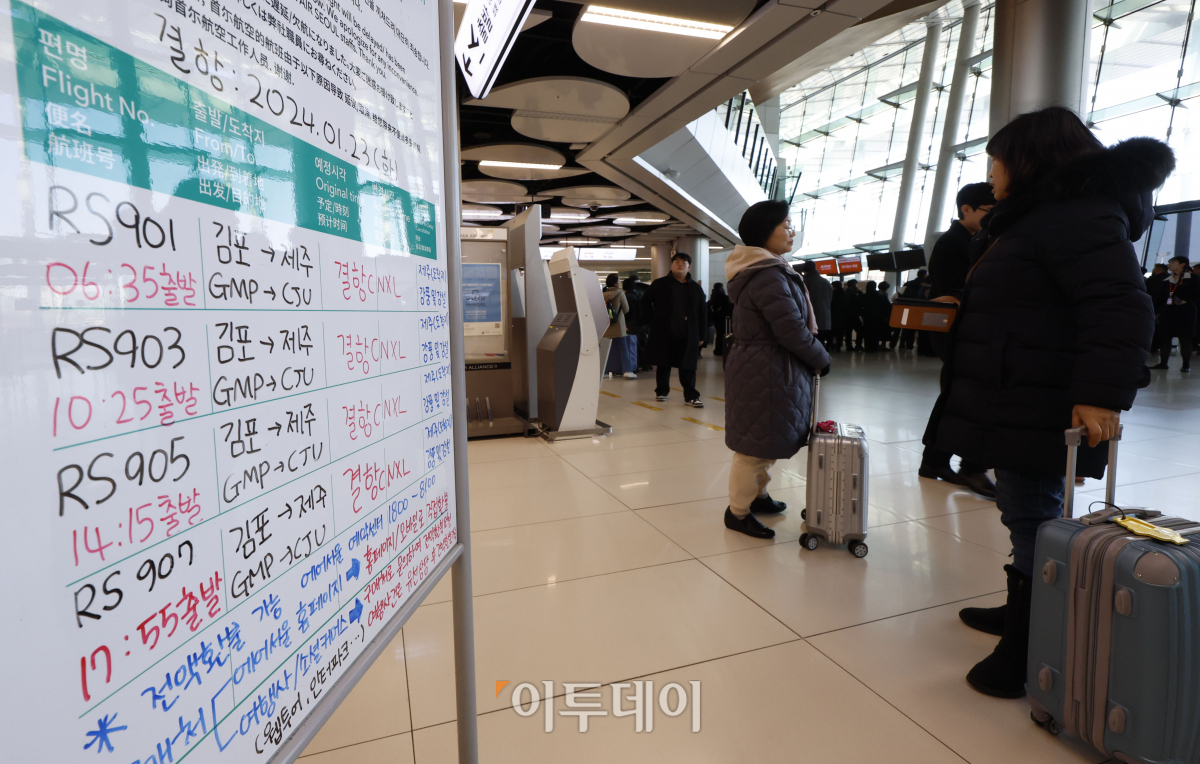 ▲23일 서울 강서구 김포국제공항 국내선 청사에 전국적인 대설과 한파 영향으로 인한 항공기 결항·지연 안내문이 세워져 있다. 중앙안전대책본부(중대본)에 따르면 이날 오전 11시 기준 제주 76편, 김포 24편, 대구 8편, 김해 5편 등 총 122편의 항공기가 결항됐다. 조현호 기자 hyunho@