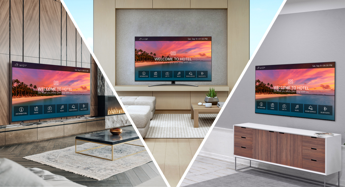 ▲LG전자가 B2B 제품을 운용∙관리하는 솔루션을 모은 온라인 플랫폼 'LG 비즈니스 클라우드'를 선보인다. 'LG 프로센트릭 클라우드' 솔루션을 사용하면 호텔TV에 웰컴메시지, 시설 안내 등 콘텐츠를 보다 쉽게 제작∙적용할 수 있다. (사진제공=LG전자)