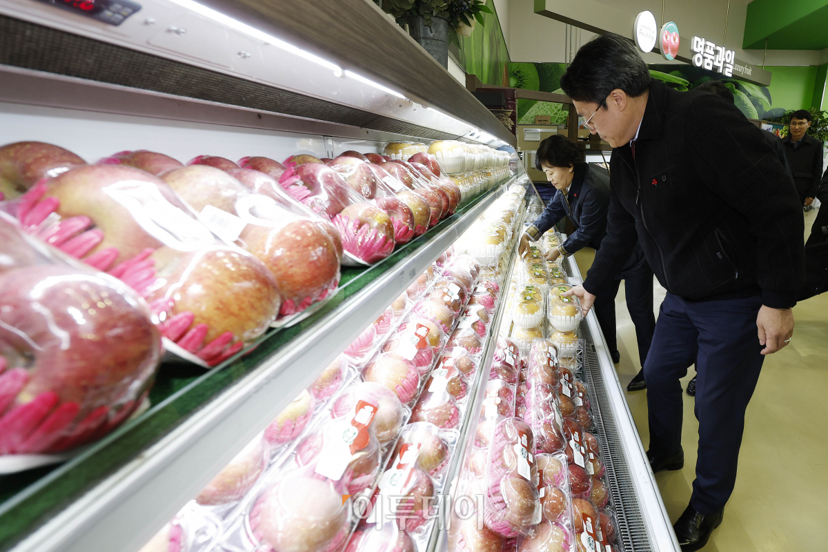 ▲송미령(왼쪽) 농림축산식품부 장관과 강도형 해양수산부 장관이 31일 오후 서울 서초구 농협 하나로마트 양재점을 방문해 설 성수품 수급상황 현장점검을 하고 있다. 조현호 기자 hyunho@
