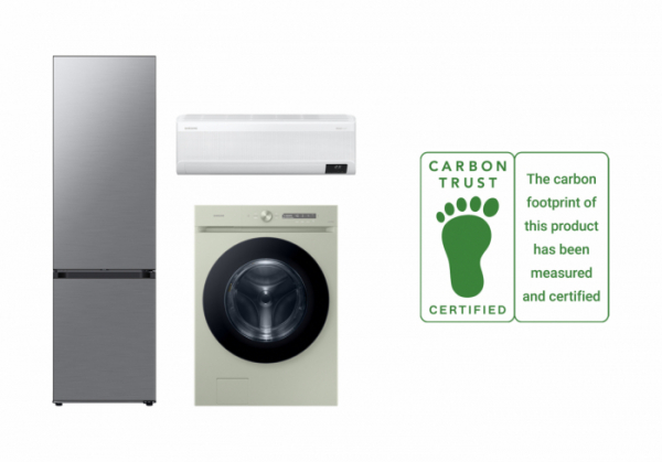 ▲삼성전자 세탁기·냉장고·에어컨 제품과 탄소발자국 인증 로고 이미지 (제공=삼성전자)