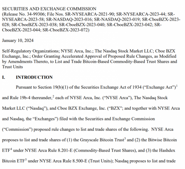 ▲SEC가 11개 비트코인 현물 ETF 신청서를 승인했다는 내용. (사진=미국증권거래위원회(SEC) 홈페이지 내 발췌)