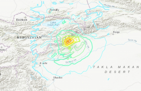 ▲23일 지진이 발생한 중국 신장위구르 진앙 위치. 출처 미국지질조사국 홈페이지
