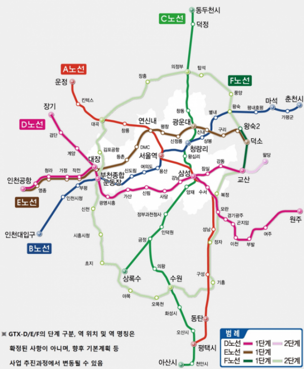 ▲수도권광역급행철도(GTX) A~F노선도. (자료제공=국토교통부)