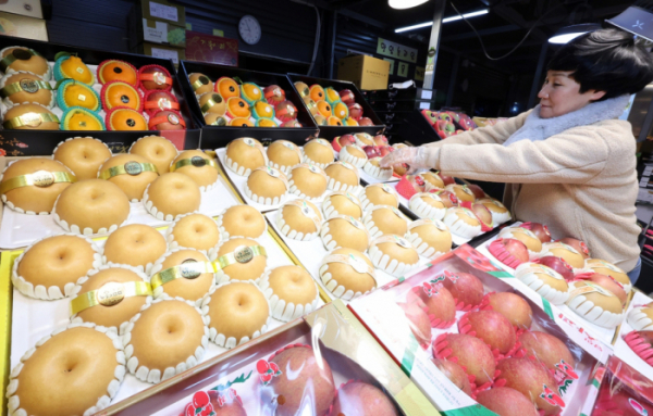 ▲31일 오전 인천 남동구 남촌농수산물도매시장에서 한 상인이 과일을 정리하고 있다. (뉴시스)