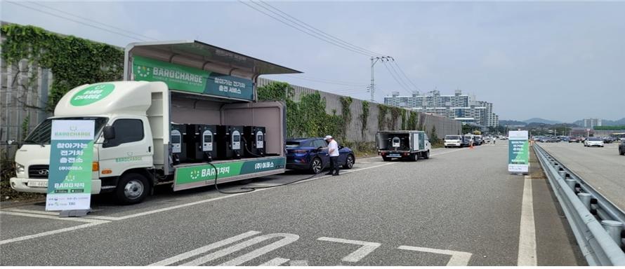 ▲지난해 9월 추석 연휴 옥산 휴게소에 설치된 전기차 이동형 충전기 모습. (사진제공=환경부)