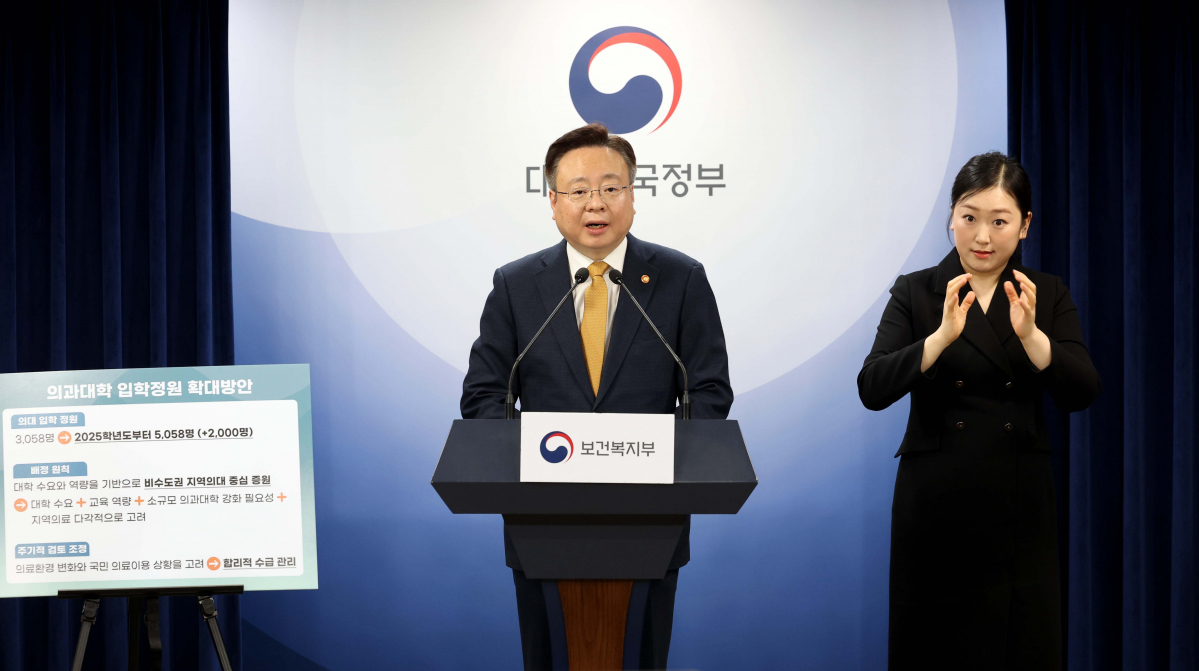 ▲조규홍 보건복지부 장관이 6일 서울 종로구 정부서울청사에서 의과대학 입학정원 확대 방안을 발표하고 있다. 신태현 기자 holjjak@