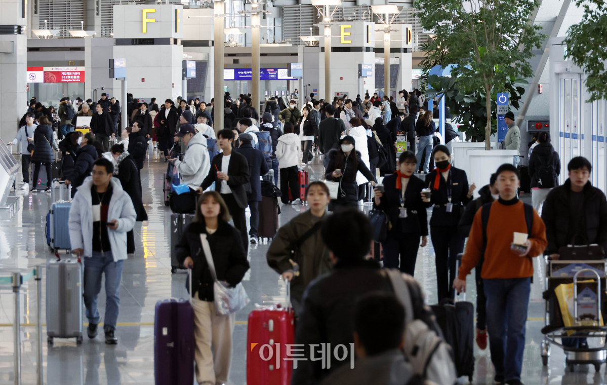 ▲설 연휴 기간 하루 평균 19만 명이 넘는 이용객이 인천국제공항을 찾을 것으로 전망됐다. 인천국제공항공사는 이번 설 연휴 기간인 8일부터 12일까지 닷새간 총 97만6922명, 하루 평균 이용객은 19만5384명이 인천공항을 이용할 것으로 전망된다고 밝혔다. 이는 지난해 설 연휴 일평균 여객인 12만 7537명 대비 53.2% 증가한 수준이다. 코로나19가 발생한 2020년 이후 명절 연휴 실적 최고치다. 설 연휴를 이틀 앞둔 7일 인천국제공항 제1여객터미널 출국장이 여행객들로 붐비고 있다. 조현호 기자 hyunho@