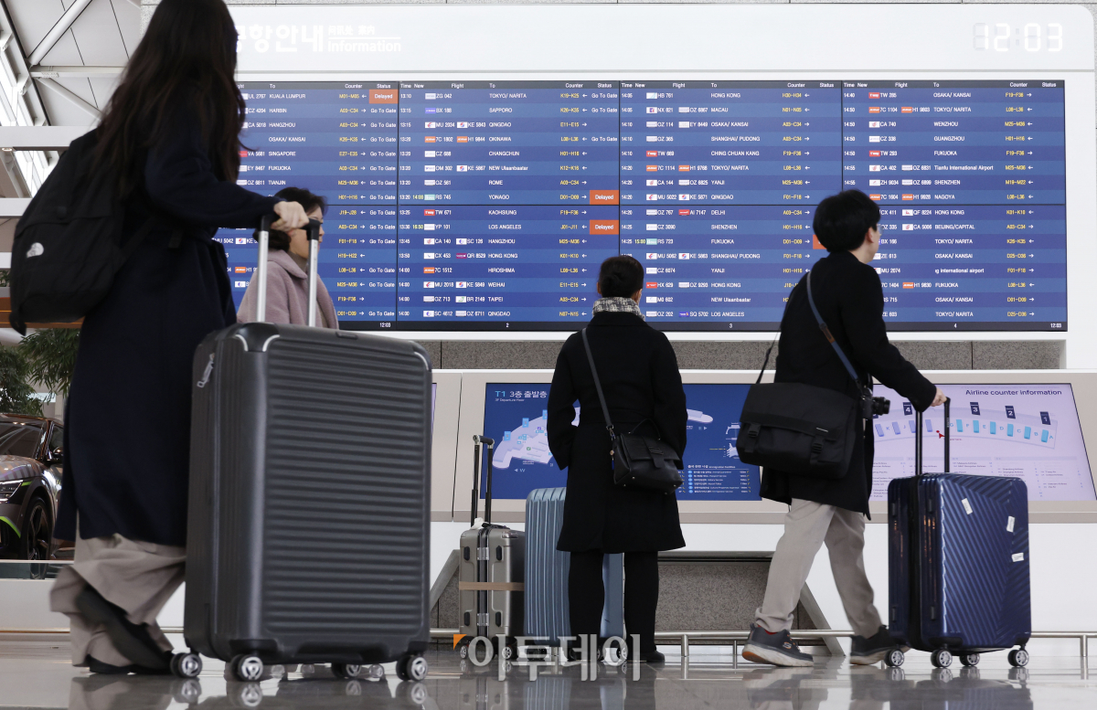 ▲설 연휴 기간 하루 평균 19만 명이 넘는 이용객이 인천국제공항을 찾을 것으로 전망됐다. 인천국제공항공사는 이번 설 연휴 기간인 8일부터 12일까지 닷새간 총 97만6922명, 하루 평균 이용객은 19만5384명이 인천공항을 이용할 것으로 전망된다고 밝혔다. 이는 지난해 설 연휴 일평균 여객인 12만 7537명 대비 53.2% 증가한 수준이다. 코로나19가 발생한 2020년 이후 명절 연휴 실적 최고치다. 설 연휴를 이틀 앞둔 7일 인천국제공항 제1여객터미널 출국장에서 여행객들이 발걸음을 옮기고 있다. 조현호 기자 hyunho@