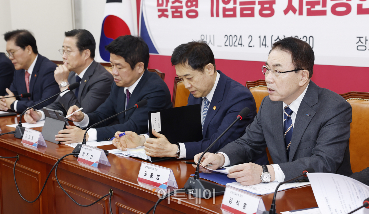 ▲조용병 전국은행연합회 회장이 14일 서울 여의도 국회에서 열린 고금리 위기 극복과 신산업 전환을 위한 맞춤형 기업금융 지원방안 민·당·정협의회에서 인사말을 하고 있다. 조현호 기자 hyunho@