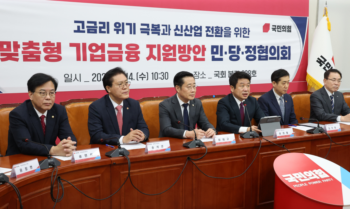 ▲14일 국회에서 국민의힘 유의동 정책위의장이 고금리 위기 극복과 신산업 전환을 위한 맞춤형 기업금융 지원방안 민당정협의회를 하고 있다. (연합뉴스)