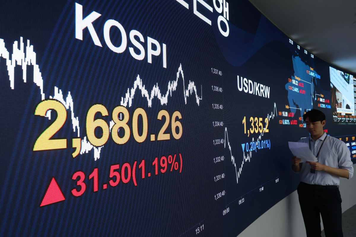 ▲코스피가 외국인과 기관의 매수세에 2680선을 돌파하며 장을 마친 19일 서울 여의도 KB국민은행 스마트딜링룸 전광판에 코스피 지수가 전 거래일 대비 31.50포인트(1.19%) 상승한 2680.26을 나타내고 있다. 코스피가 2680선으로 마감한 것은 지난 2022년 5월 30일( 2685.90) 이후 1년 9개월 만이다. 신태현 기자 holjjak@