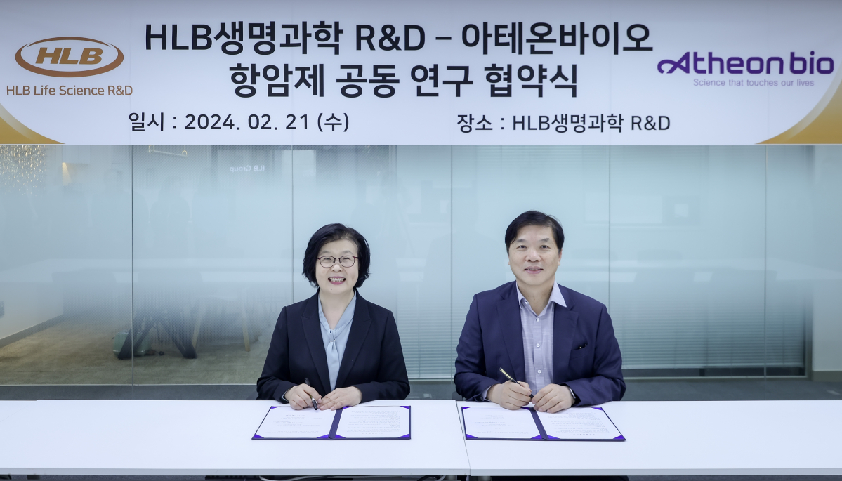 ▲한용해 HLB생명과학 R&D 대표(오른쪽)와 최소희 아테온바이오 대표가 업무협약을 체결하고 있다. (사진제공=HLB)