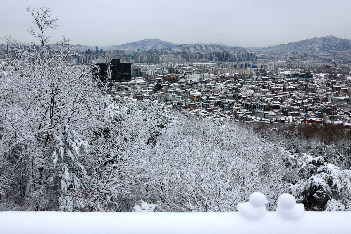 ▲전날 밤 중부지방을 중심으로 폭설이 내린 22일 서울 남산에서 바라본 도심에 눈이 쌓여 있다. 신태현 기자 holjjak@