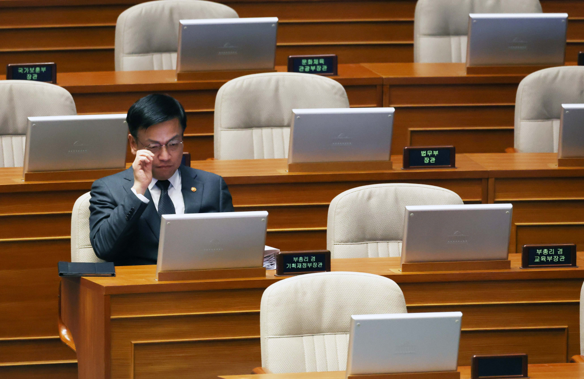 ▲최상목 부총리 겸 기획재정부 장관이 23일 서울 여의도 국회에서 열린 본회의 경제분야 대정부질문에서 안경을 고쳐쓰고 있다. 신태현 기자 holjjak@