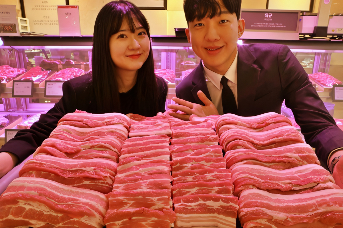 ▲롯데백화점 본점 지하 1층 식품관에서 '제주돼지 삼겹살'을 홍보하는 모델들 (사진제공=롯데백화점)