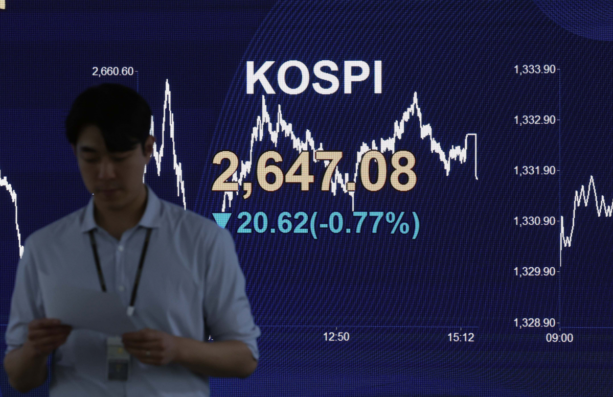 ▲코스피가 정부의 기업 밸류업 지원방안이 공개된 26일 2640대로 후퇴한 채 장을 마쳤다. 이날 서울 여의도 KB국민은행 스마트딜링룸 전광판에 코스피 지수가 전 거래일 대비 20.62포인트(0.77%) 내린 2647.08을 나타내고 있다. 신태현 기자 holjjak@