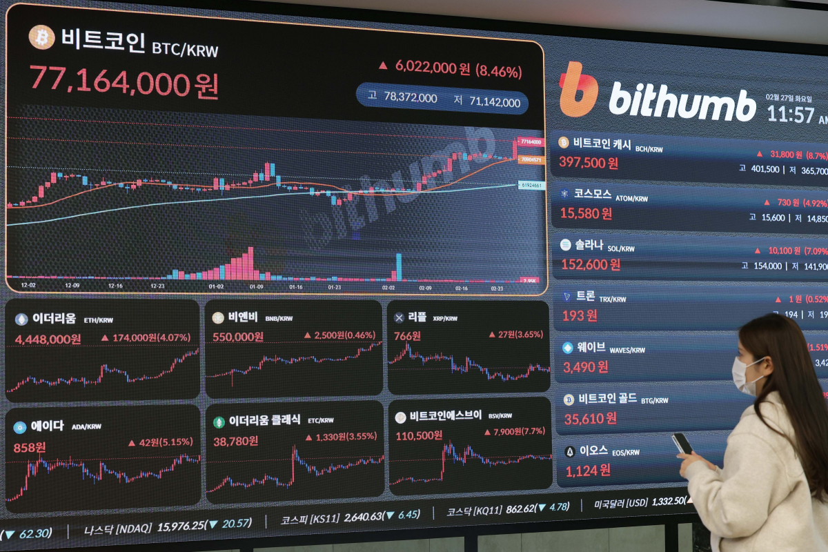 ▲비트코인 가격이 5만5000달러를 넘어서는 등 2년여 만에 최고치를 기록한 27일 서울 서초구 빗썸고객지원센터 전광판에 비트코인 등 가상자산 실시간 거래가격이 표시되고 있다. 신태현 기자 holjjak@