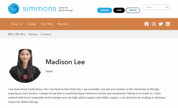 ▲이재용 삼성전자 회장의 딸 이원주 씨는 영어 이름 '매디슨 리(Madison Lee)'로 글로벌 시카고 시몬스 센터(Simmons center for global chicago)라는 NGO 단체에서 인턴으로 활동 중이다.  (출처=글로벌 시카고를 위한 시몬스 센터 홈페이지 갈무리)