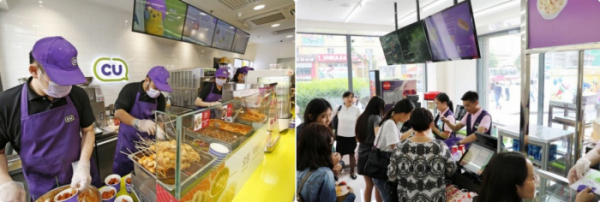 ▲(왼쪽부터) 말레이시아 CU 즉석 식품 코너, 몽골 CU 결제 카운터 전경 (사진제공=BGF리테일)