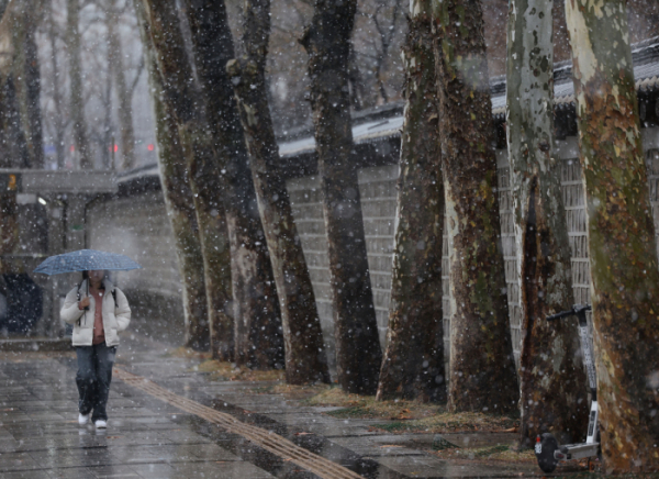 ▲전국 대부분 지역에 비나 눈이 내린 15일 오후 서울 중구 덕수궁인근에서 시민이 우산을 쓰고 이동하고 있다. (연합뉴스)
