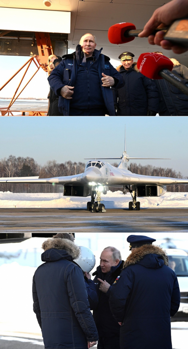 ▲22일(현지시간) 블라디미르 푸틴 러시아 대통령이 러시아 타타르스탄공화국 카잔의 항공 공장 활주로에서 초음속 장거리 전략폭격기 투폴레프(Tu)-160M을 탑승하기 전 항공복을 입고 있다. 아래 사진은 이륙 직전 Tu-160M의 모습과 착륙 이후 푸틴 대통령이 폭격기에서 내리는 장면.  (출처 크렘린궁)