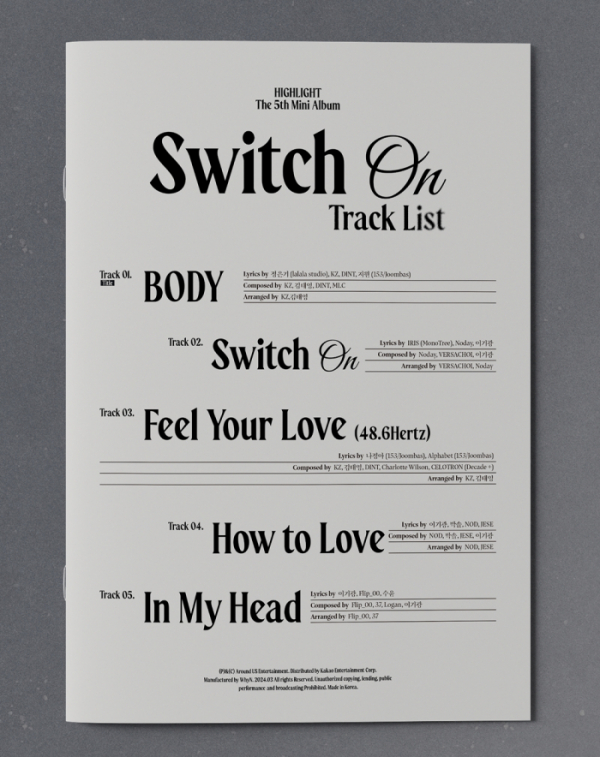 ▲하이라이트 'Switch On' 트랙리스트(사진 =어라운드어스 제공)