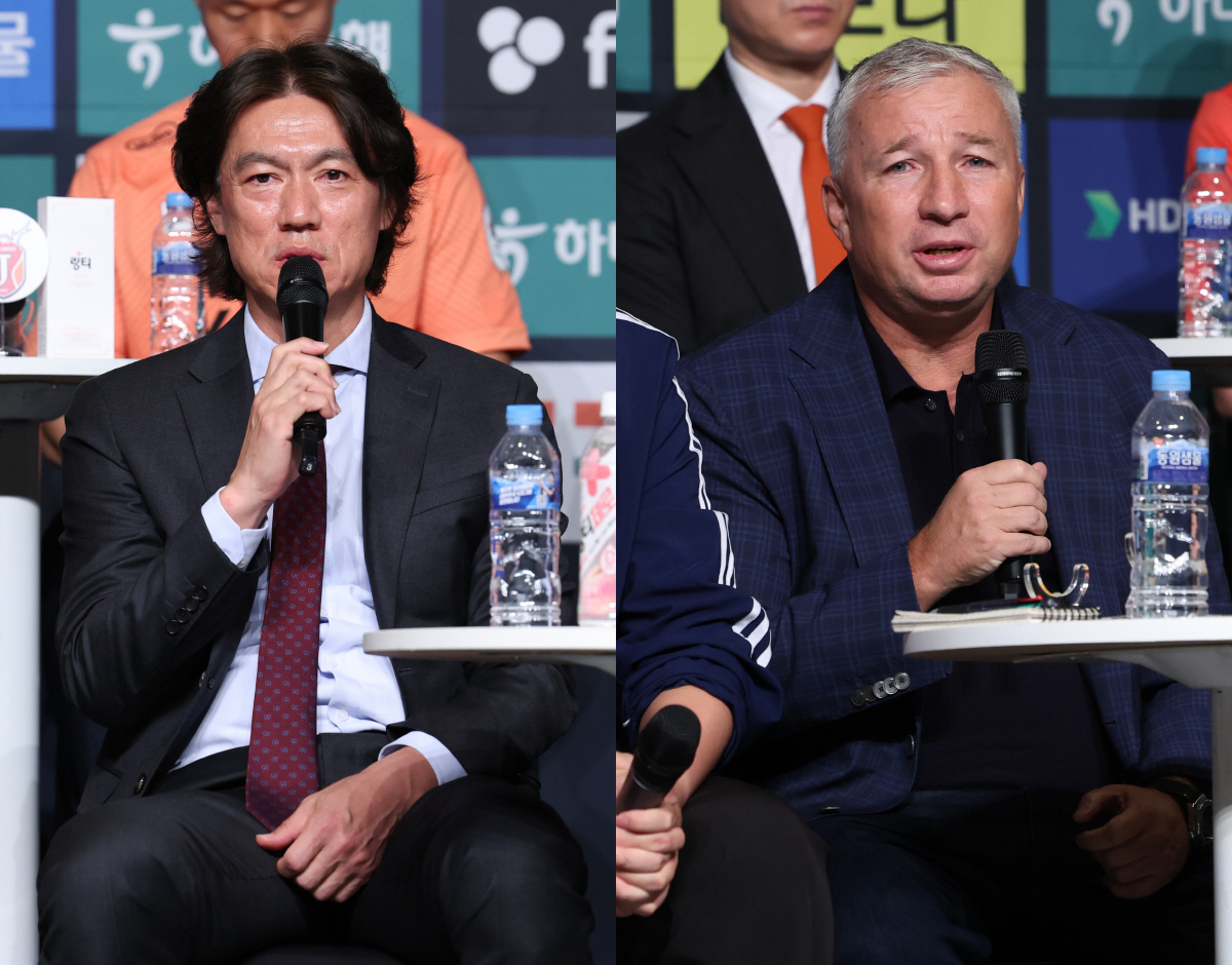 ▲(좌측부터)홍명보 울산 HD 감독과 단 페트레쿠스 전북 감독이 26일 오전 서울 중구 플라자호텔에서 열린 2024 K리그 개막 미디어데이 행사에서 이번 시즌 출사표를 던지고 있다.(연합뉴스)
