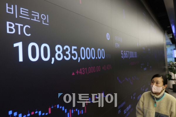 ▲비트코인 가격이 1억원을 넘어서며 연일 급등세를 보이는 가운데 12일 서울 강남구 업비트 전광판에 비트코인 등 가상자산 실시간 거래가격이 표시되고 있다. 신태현 기자 holjjak@
