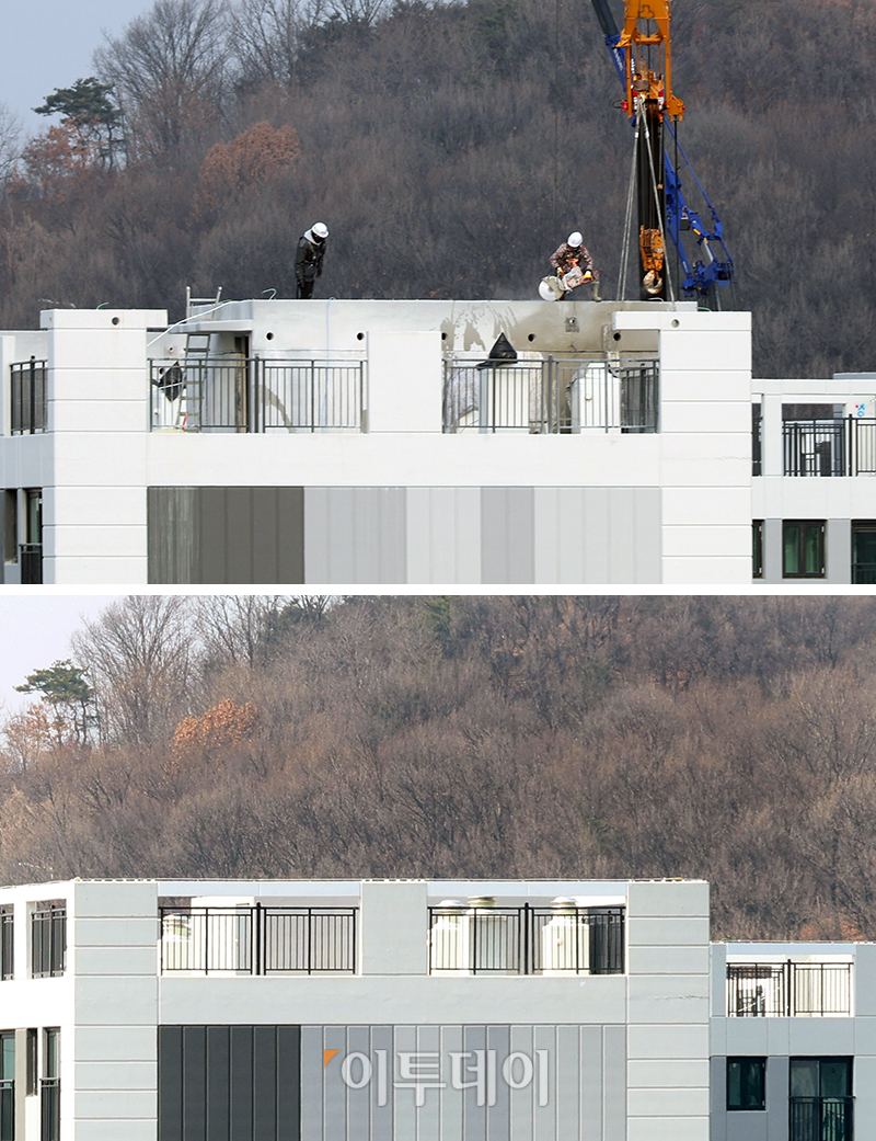 ▲김포공항 주변 고도제한을 위반한 경기 김포 고촌읍 신곡리 양우내안애 아파트의 재시공 전(위)후(아래) 모습. 고이란 기자 photoeran@