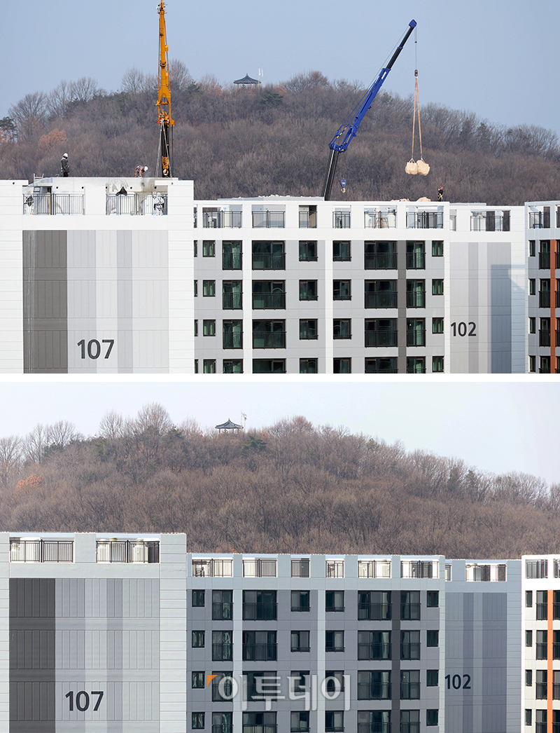 ▲김포공항 주변 고도제한을 위반한 경기 김포 고촌읍 신곡리 양우내안애 아파트의 재시공 전(위)후(아래) 모습. 고이란 기자 photoeran@