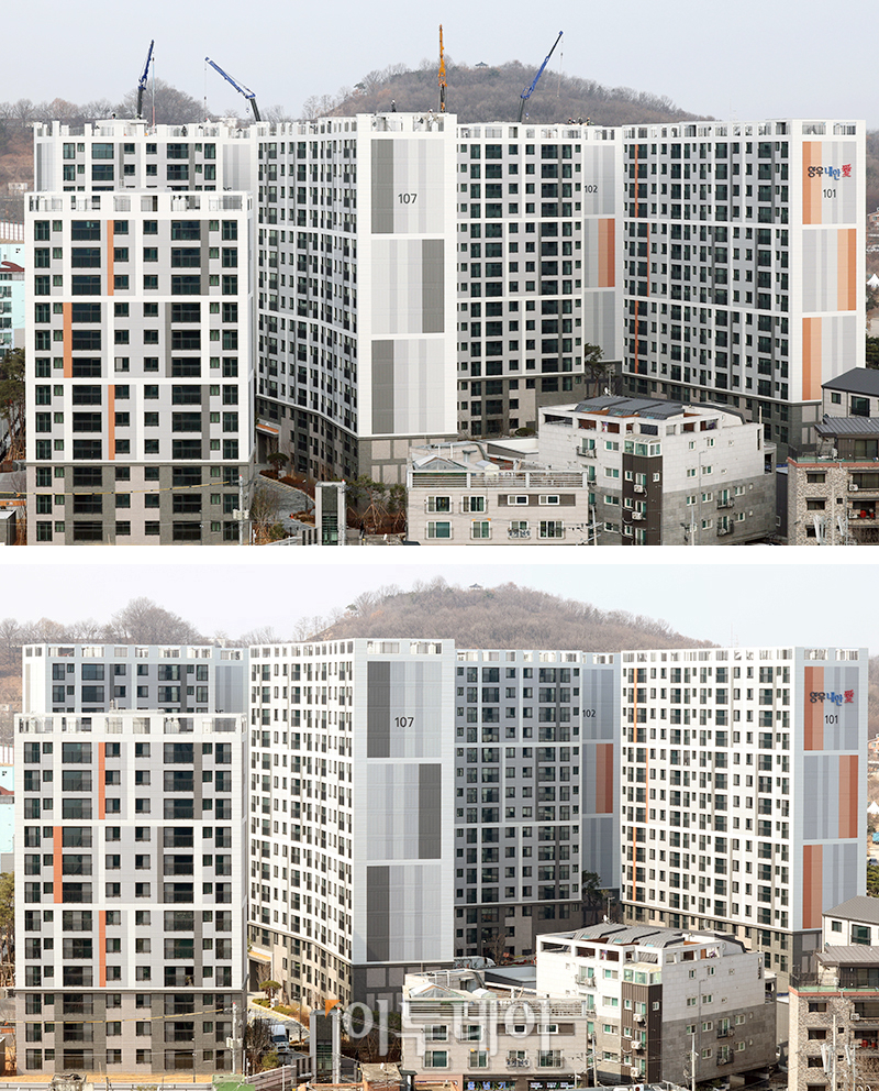▲김포공항 주변 고도제한을 위반한 경기 김포 고촌읍 신곡리 양우내안애 아파트의 재시공 전(위)후(아래) 모습. 고이란 기자 photoeran@