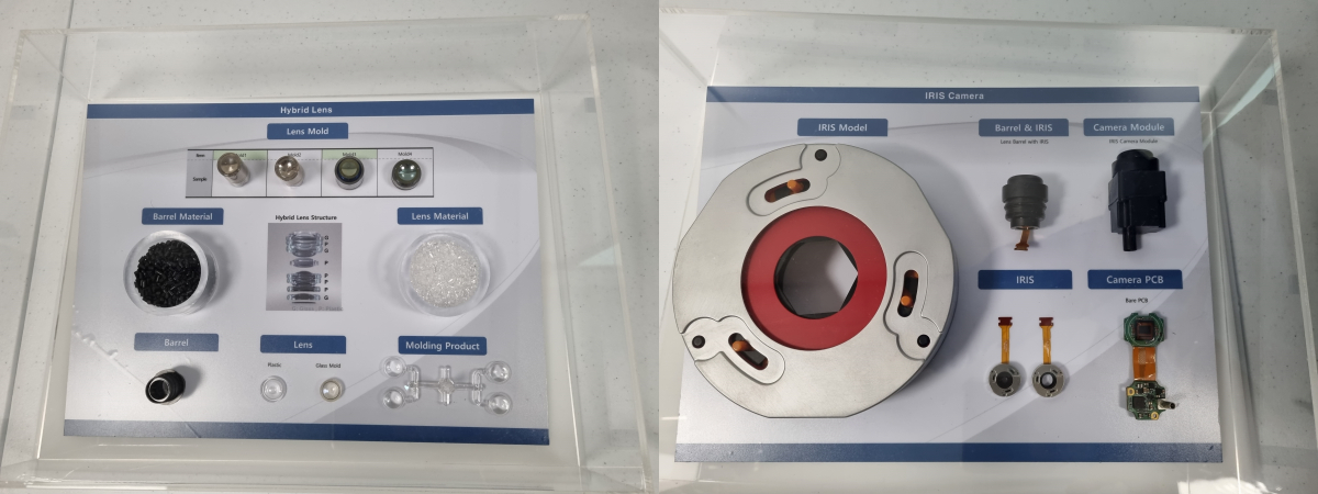 ▲삼성전기 하이브리드 렌즈(왼쪽)와 전장용 IRIS 카메라 모듈(오른쪽) (박민웅 기자 pmw7001@)