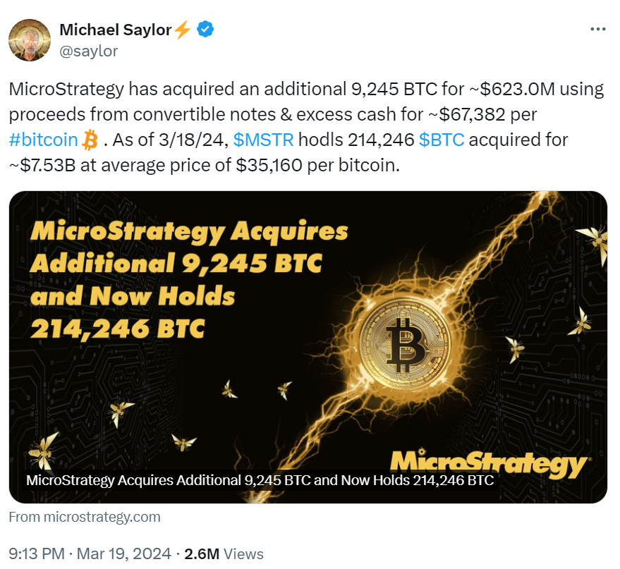 ▲마이클 세일러 마이크로스트레티지 회장은 X(구 트위터)에 비트코인 9245개 추가 매입 소식을 알렸다. (출처=마이클 세일러 마이크로스트레티지 회장 X(구 트위터))