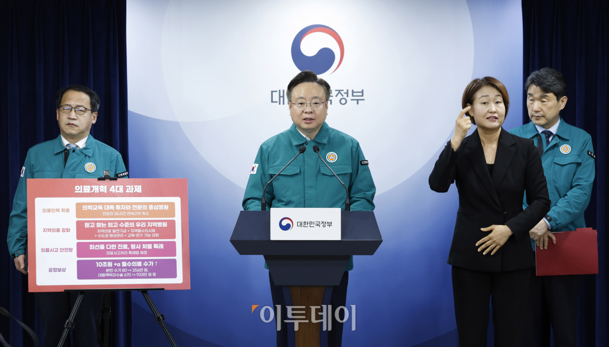 ▲조규홍 보건복지부 장관이 20일 서울 종로구 정부서울청사에서 의료개혁 4대과제 발표를 하고 있다. 조현호 기자 hyunho@