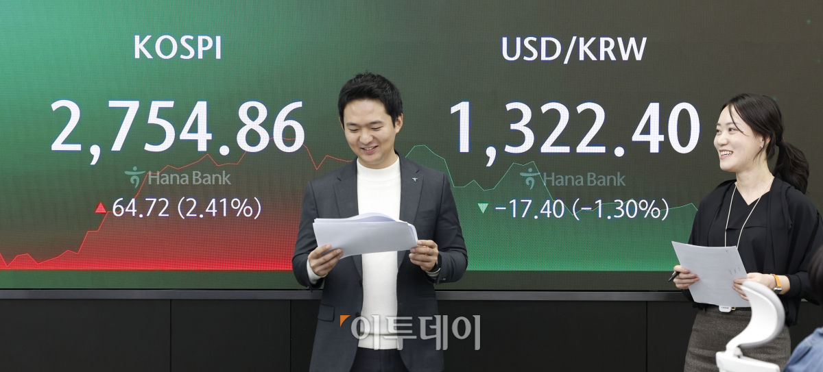 ▲코스피가 2700선으로 상승 마감한  21일 서울 중구 하나은행 딜링룸 전광판에 코스피, 원·달러 환율이 표시되고 있다. 이날 코스피 지수는 전 거래일보다 63.72(2.41%) 포인트 상승한 2754.86을 나타냈다. 원·달러 환율은 전 거래일보다 17.40(1.30%)원 하락한 1322.40원을 나타냈다. 조현호 기자 hyunho@