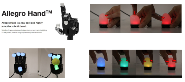 ▲좌측 상단부터 시계방향으로 원익로보틱스의 로봇 핸드 그리퍼인 알레그로 핸드(Allegro Hand), ETRI의 촉각센서 (360도 전방위로 3D 압력을 감지하고 압력 변화에 따라 LED 색상 변화), 알레그로 핸드(Allegro Hand) 제품에 ETRI의 촉각센서를 부착하고 테니스공을 잡는 사진