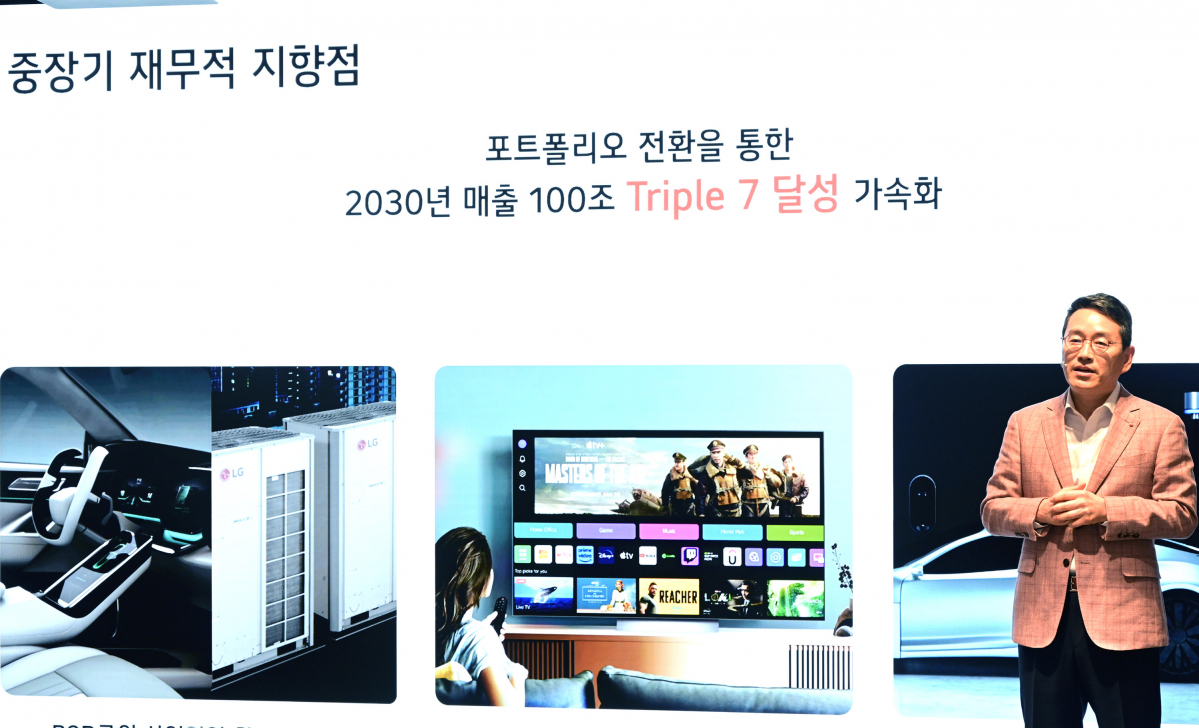 ▲조주완 LG전자 사장이 26일 서울 여의도 LG트윈타워에서 열린 제 22기 정기 주주총회에서 중장기 전략방향을 설명하고 있다. (사진제공=LG전자)