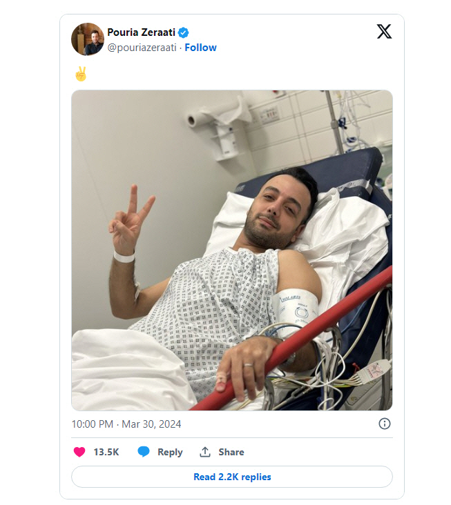 ▲30일(현지시간) 자택 앞에서 피습을 당한 이란 반체제 성향 방송 채널의 앵커 푸리아 제라티가 병원에 입원해 있다. 이란인터내셔널 홈페이지 캡처