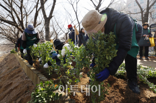 ▲식목일을 한 달여 앞둔 13일 서울 영등포구 안양천 일대에서 열린 구민과 함께하는 제79회 식목일 릴레이 나무심기 행사에서 영등포구 구민들과 관계자들이 나무를 심고 있다. 조현호 기자 hyunho@