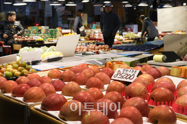 ▲13일 경기 부천 삼산농산물 도매시장에서 시민들이 과일을 구입하고 있다. 고이란 기자 photoeran@