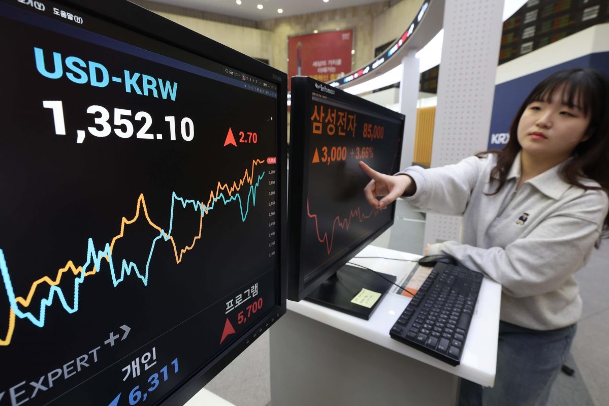▲원·달러 환율이 전거래일보다 2.7원 오른 1352.1원에 마감한 2일 서울 여의도 한국거래소 서울사무소 모니터에 환율이 표시되고 있다. 신태현 기자 holjjak@