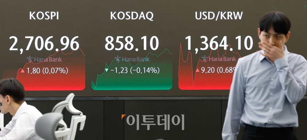 ▲원·달러 환율이 미국 소비자물가지수(CPI) 충격으로 1360원을 돌파했다. 11일 서울 중구 하나은행 딜링룸 전광판에 코스피, 코스닥, 원·달러 환율이 표시되고 있다. 이날 코스피 지수는 전 거래일보다 1.80(0.07%)포인트 상승한 2706.96을 코스닥 지수는 1.23(0.14%)포인트 하락한 858.10을 나타냈다. 원·달러 환율은 전 거래일보다 9.20(0.68%)원 오른 1364.10원을 나타냈다. 조현호 기자 hyunho@ (이투데이DB)