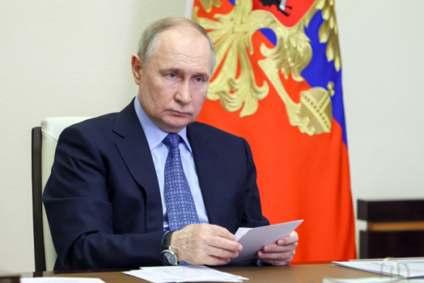 ▲블라디미르 푸틴 러시아 대통령이 지난달 28일 화상 회의를 하고 있다. 모스크바/타스연합뉴스