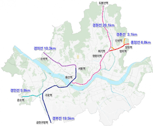 ▲서울특별시가 구상하고 있는 철도지하화 안. 서울 도심 내 국가 지상철도 71.6km 구간, 6개 노선(경부·경인·경의·경원·경춘·중앙선)이 대상이다. (사진제공=국토교통부)