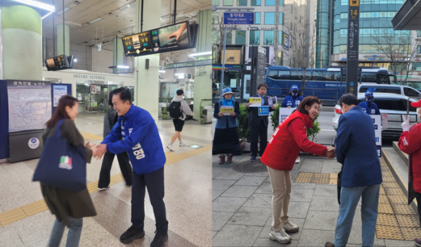 ▲류삼영 더불어민주당 서울 동작을 후보(왼쪽), 나경원 국민의힘 서울 동작을 후보(오른쪽)가 9일 지역에서 유권자를 만나 인사하고 있다. (정호영 기자)